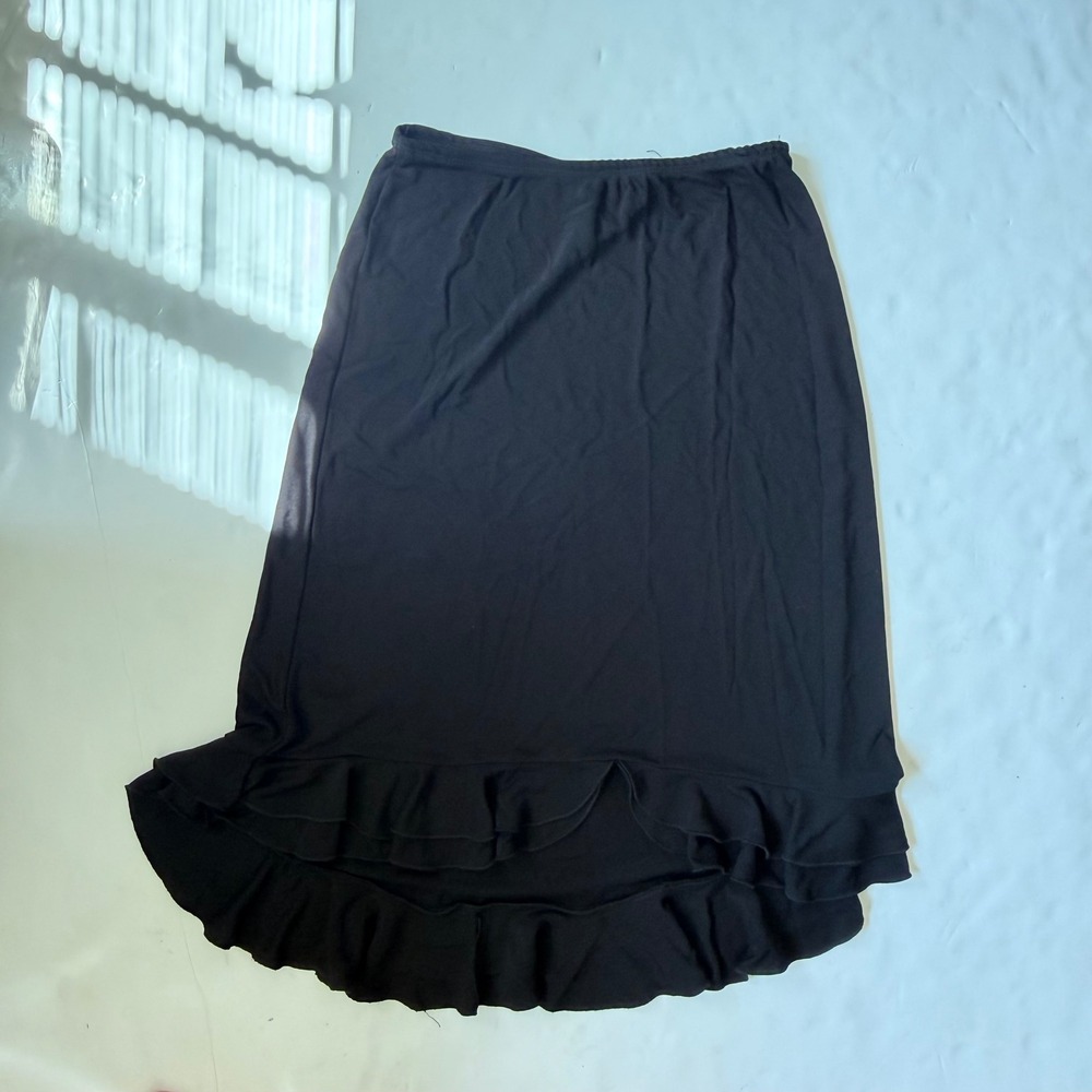 Vintage Clio 90s Black Asymmetrical Ruffle Midi Skirt Made in USA Whimsigoth Alt
